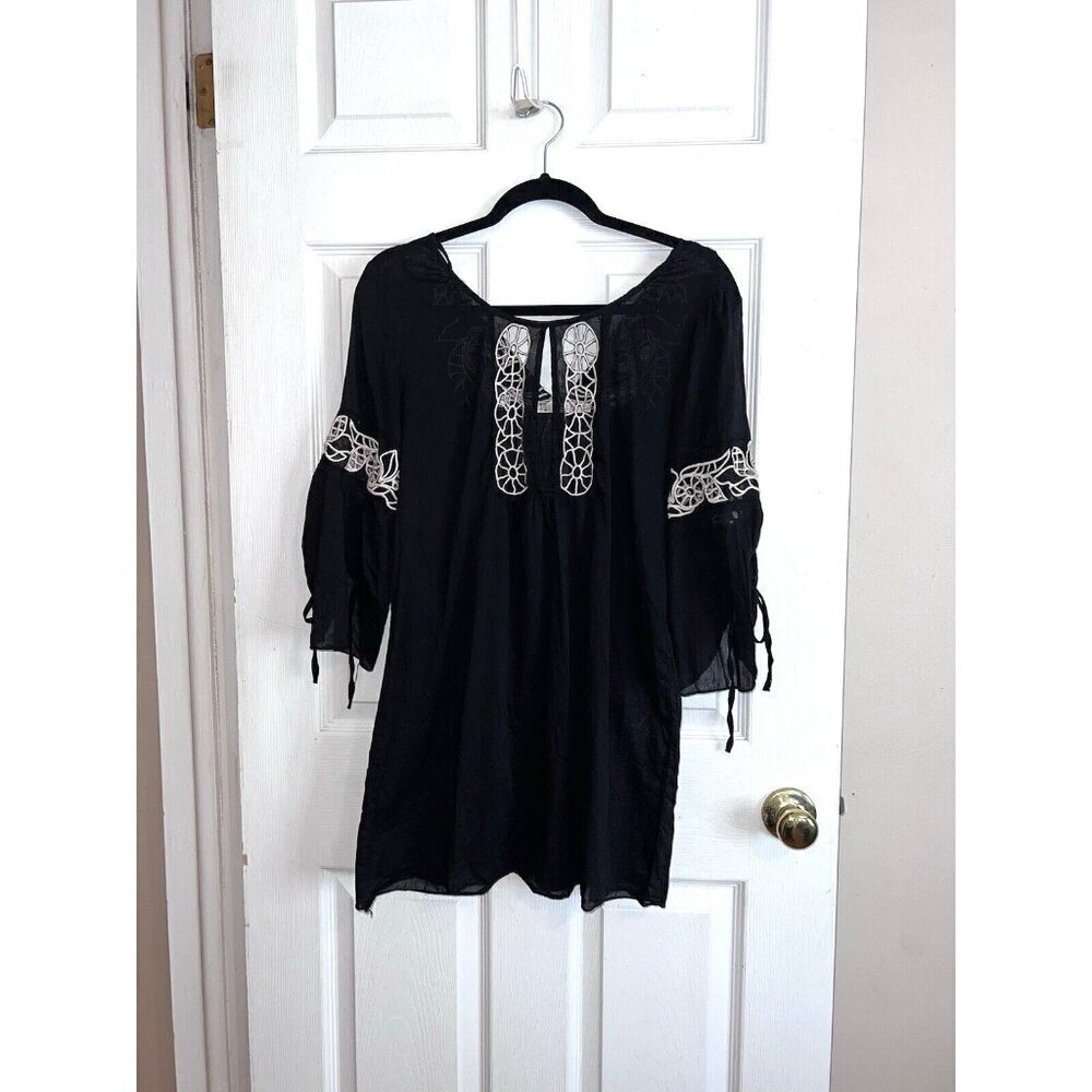 MONORENO Black Embroidered Tunic Dress Top Eyelet Boho Cover Up Sz S